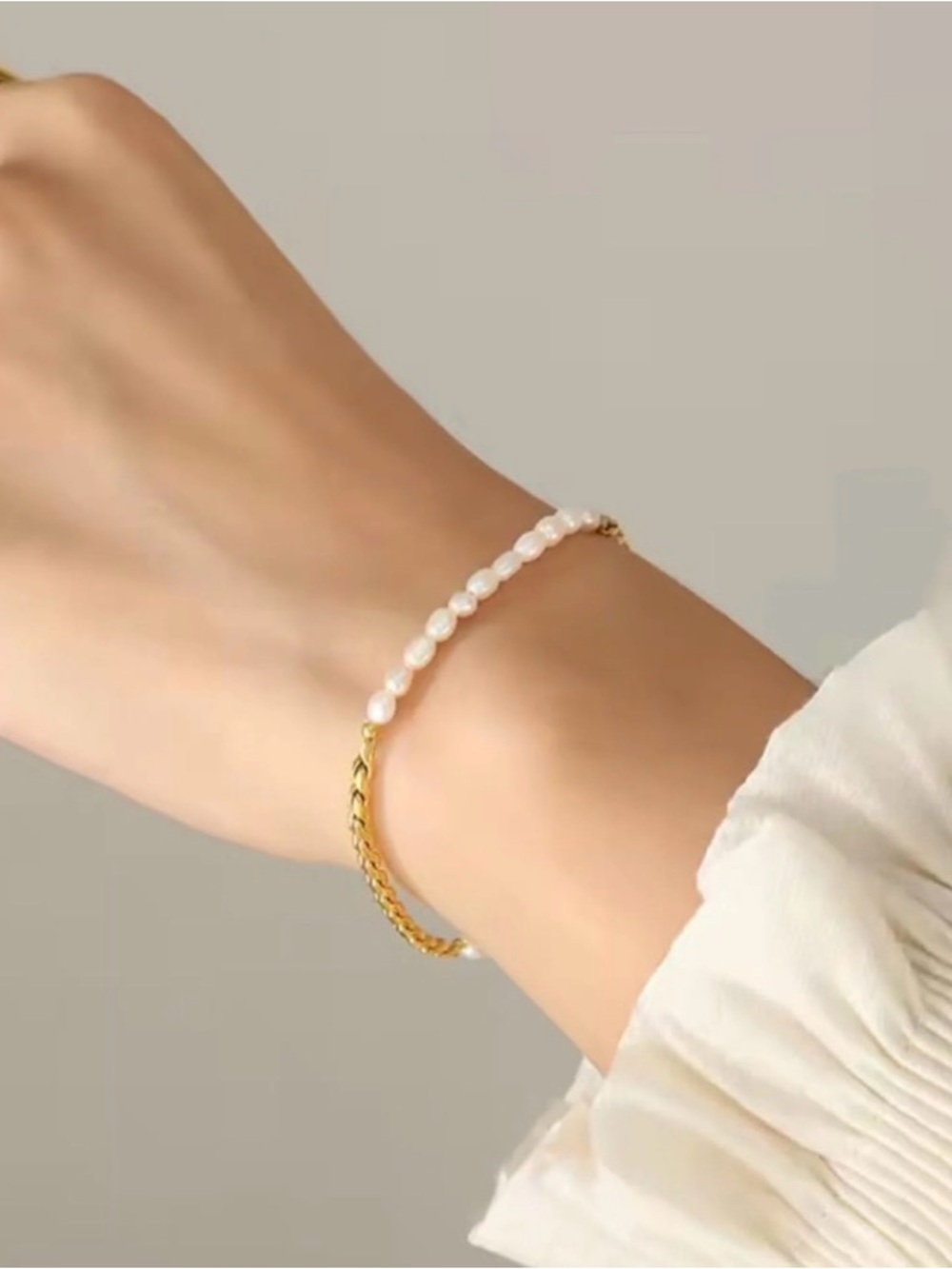 Gold Chain and White Bead Toggle Bracelet Stainless Steel - Picture 7 of 8